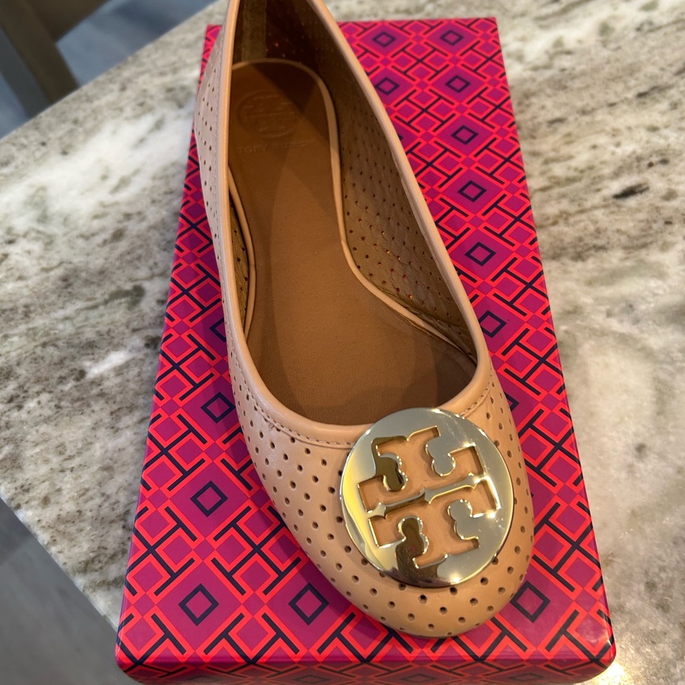 Tory Burch Perforated Leather Natural Tan Flats with Iconic Medallion